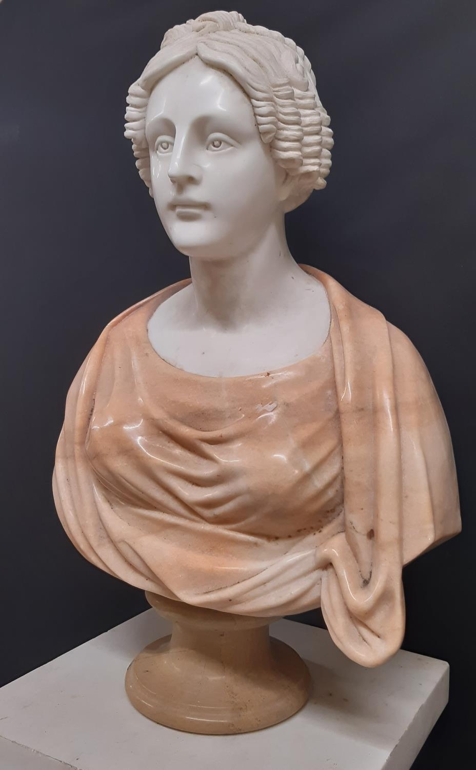 A carved marble bust of a Victorian maiden, her hair in ringlets, principally in Carrara marble, - Image 5 of 10