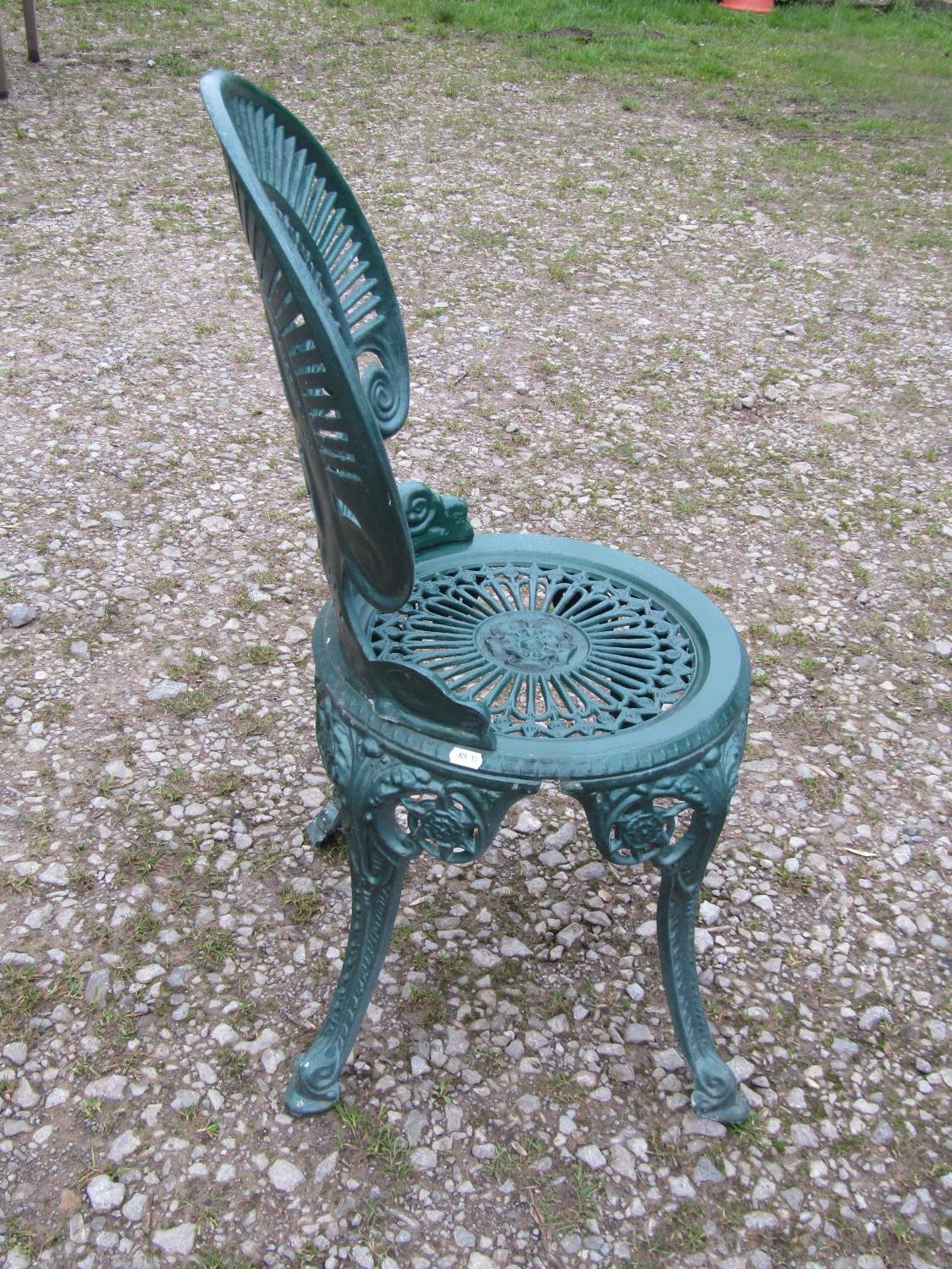 A green painted cast aluminium garden terrace table of circular form, with decorative pierced top, - Image 3 of 6