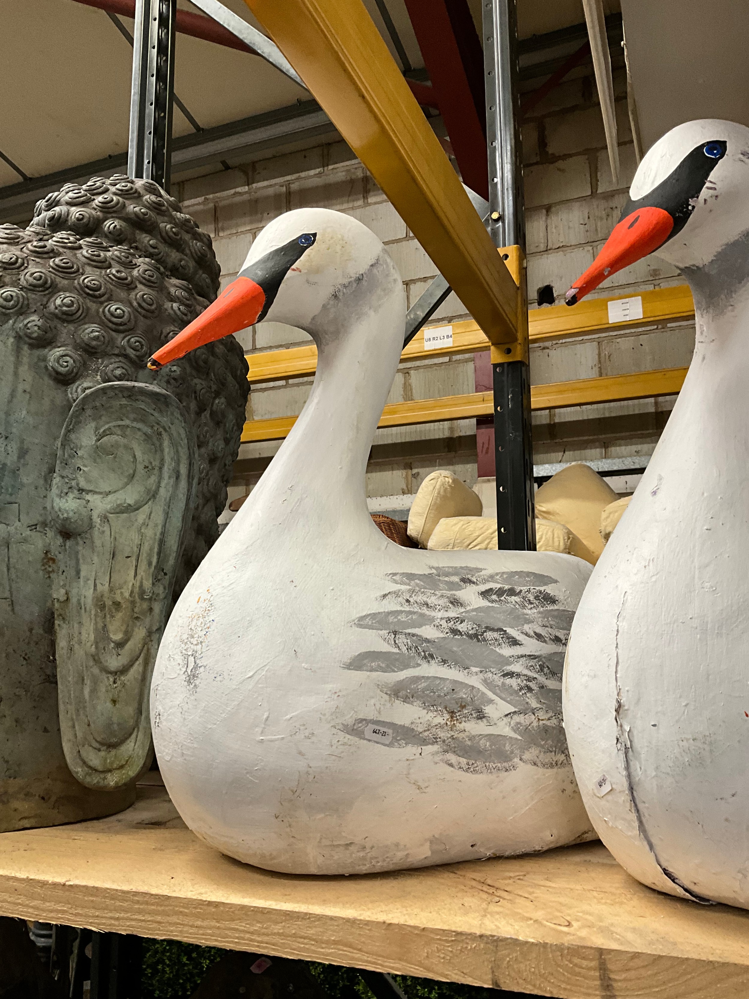 Three vintage moulded fibre glass swans with layers of overpainted finish, 70cm high x 50cm long ( - Image 3 of 3