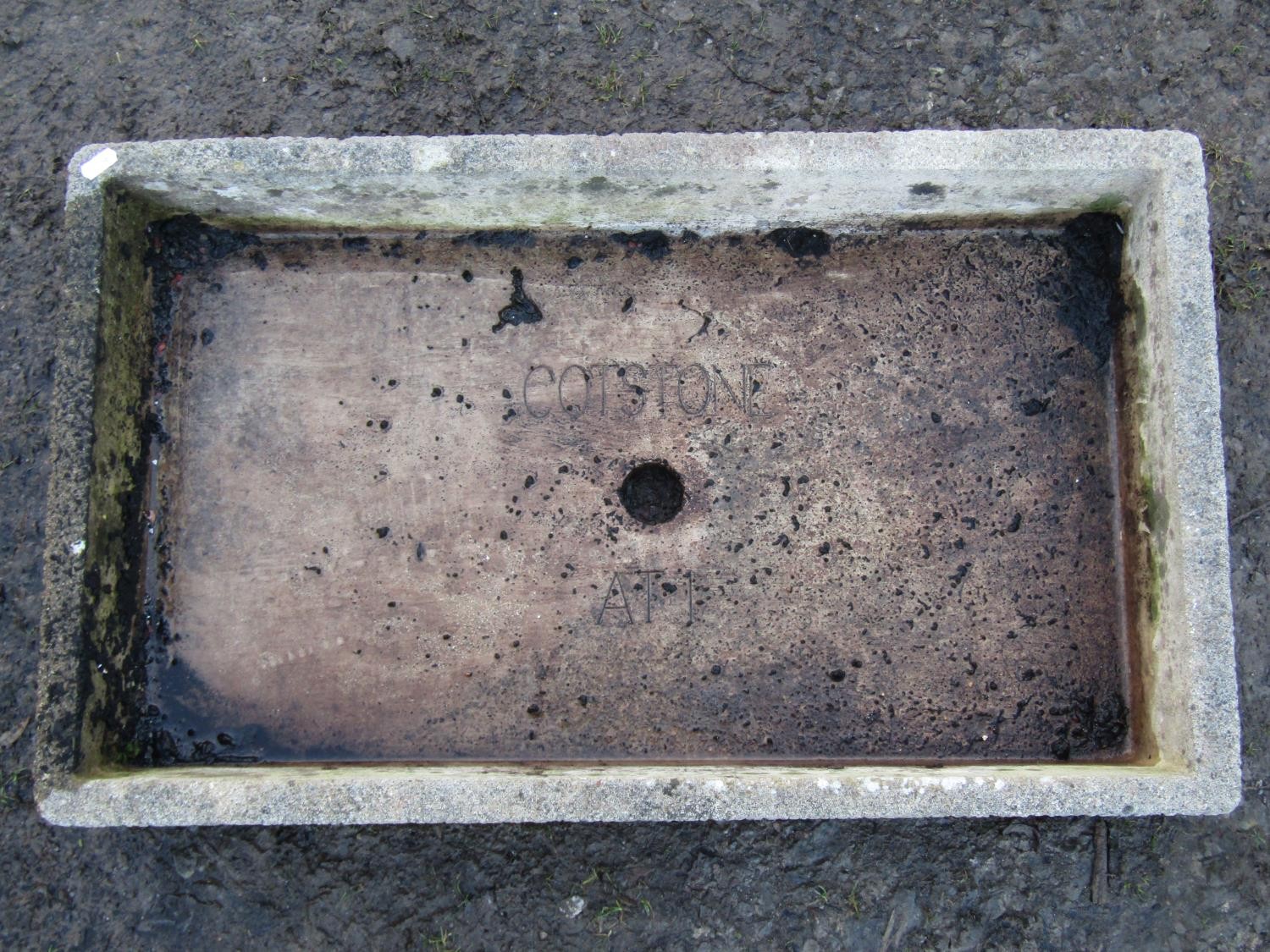 Three stone weathered cast composition garden troughs of varying size and design, the shallow - Image 5 of 8