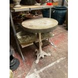 A Victorian cast iron table base with partially fluted column and stylised dolphin supports