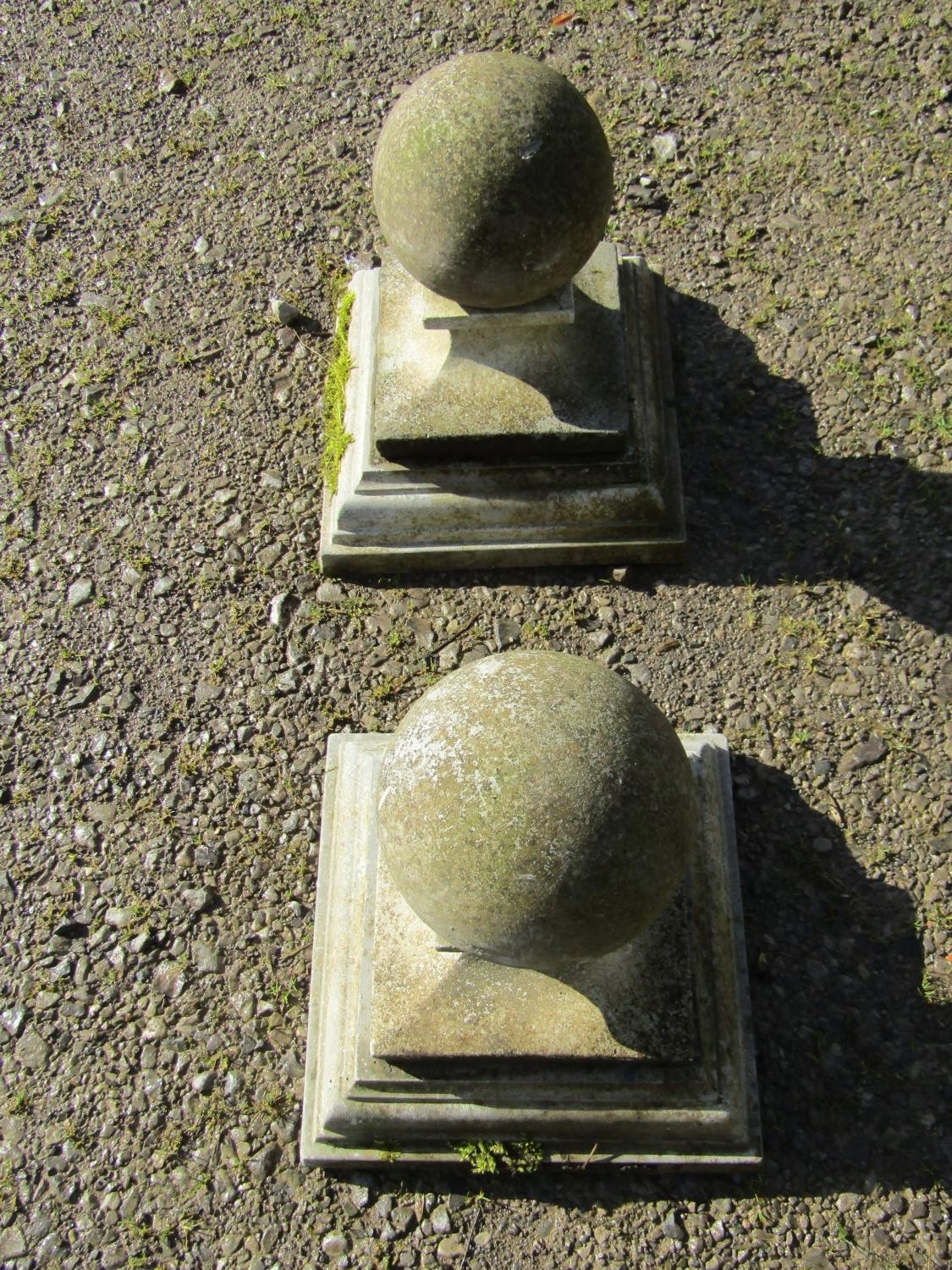 A pair of cast composition stone three sectional pier caps with ball finials, approx 20 cm diameter, - Image 2 of 2