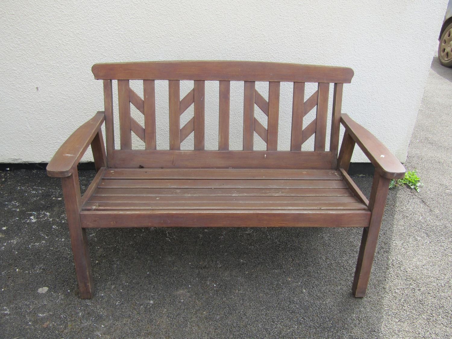 A swan Hattersley stained teak two seat garden bench with slated seat and back, 130cm wide, together - Image 2 of 4