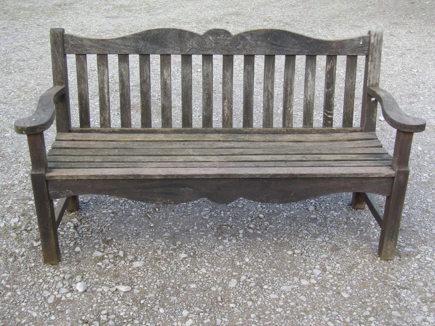 A Bridgman & Co Ltd stained and weathered teak three seat garden bench 161 cm wide and a pair of - Image 6 of 11