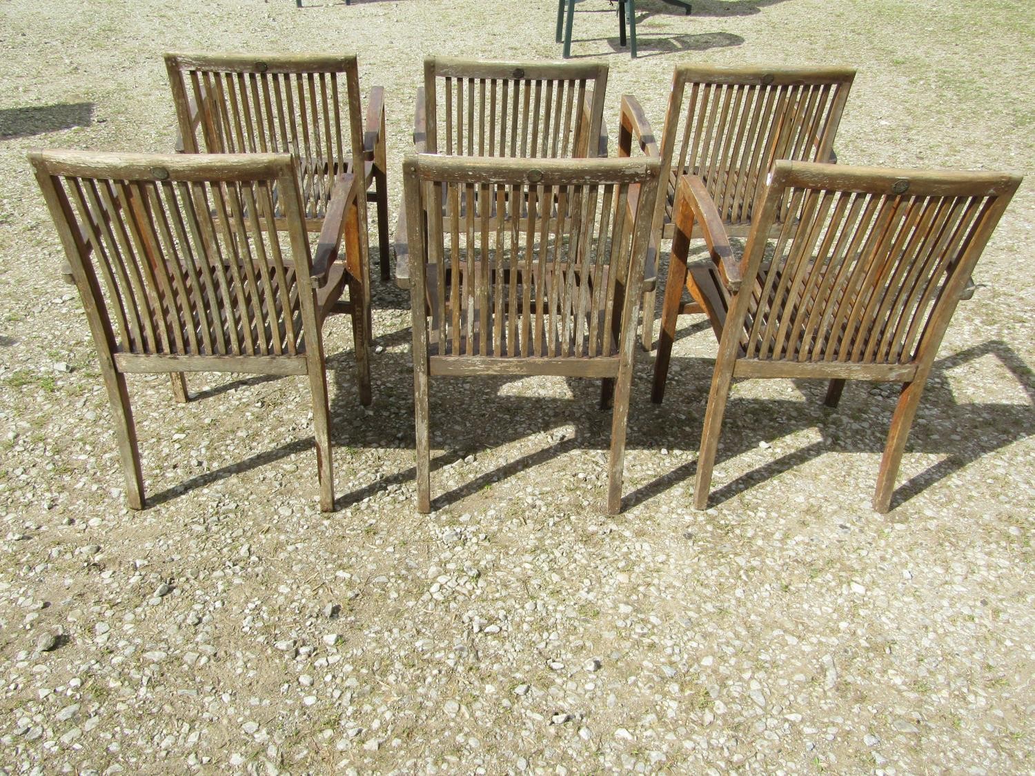 A set of six Nauteak good quality weathered stained teak garden open arm chairs with slender slatted - Image 3 of 4