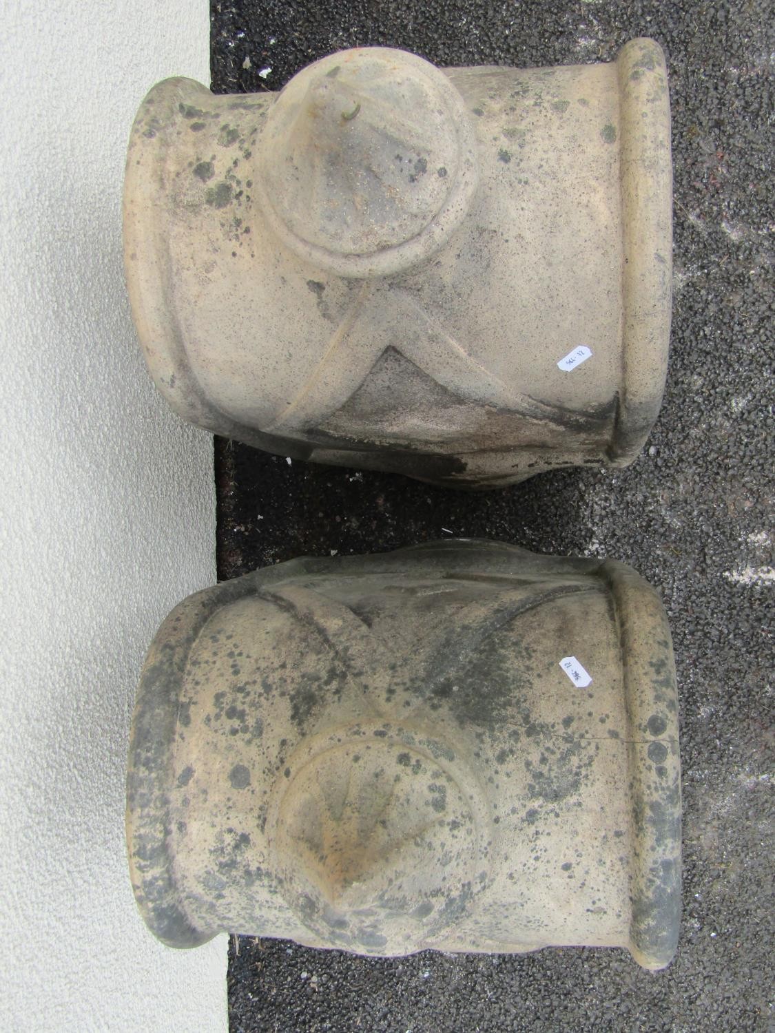 A pair of unusual weathered buff coloured louvre vented chimney pots/cowls of slender arched form - Image 3 of 3
