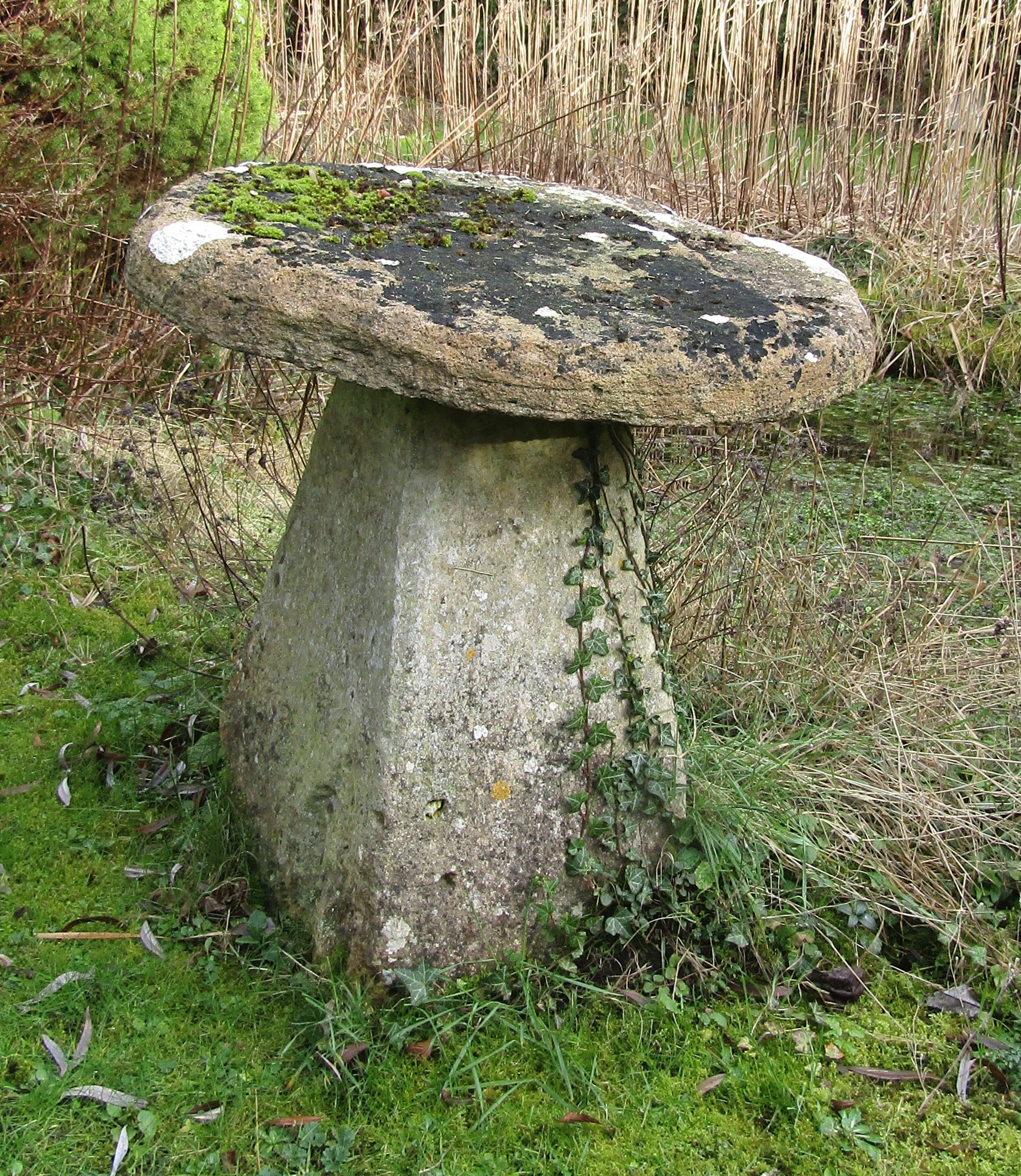 A substantial limestone staddle stone and base, the top of flat form, 80 cm diameter x 80 cm