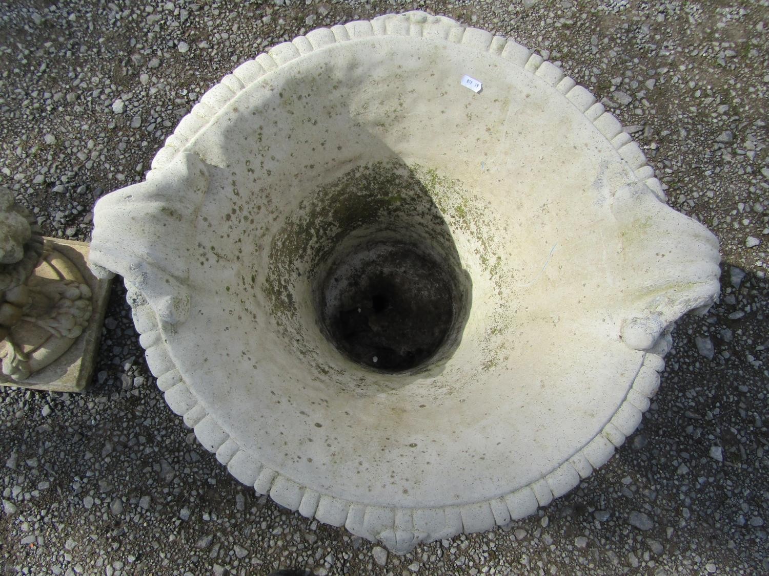 A pair of large weathered cast composition stone garden urns with lobed bodies, fixed ring - Image 7 of 7