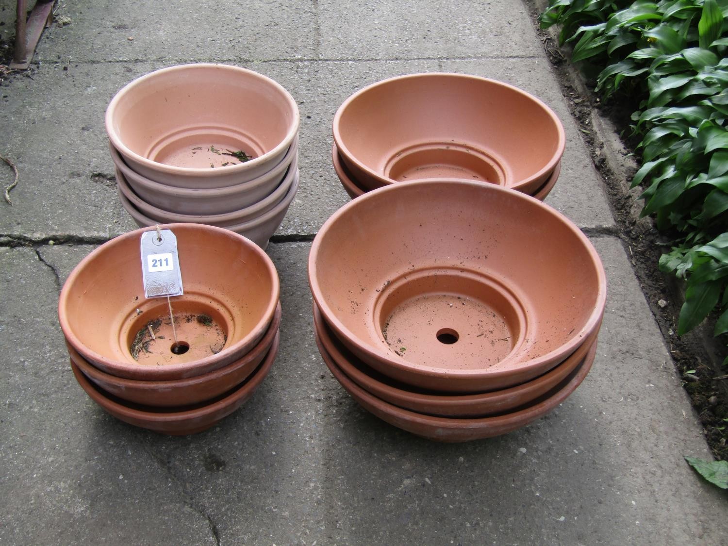 Twelve shallow squat circular terracotta planters (varying size), the larger examples 14 cm x 36