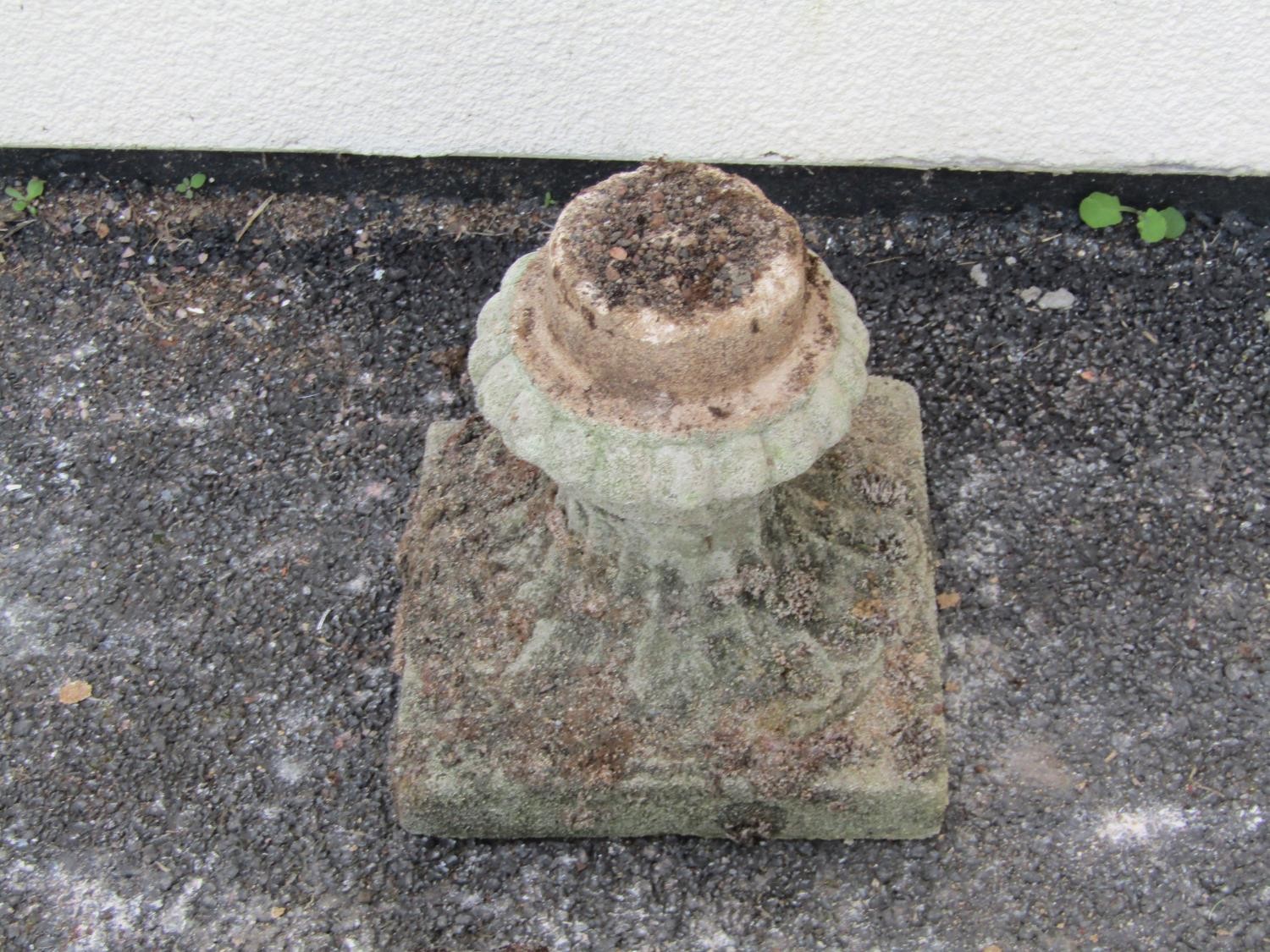 A pair of weathered cast composition stone garden urns, the squat circular lobed bowls with flared - Image 6 of 9