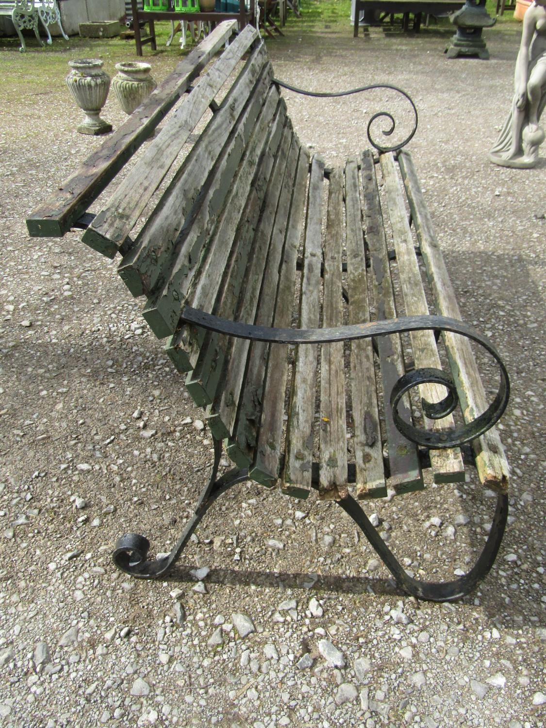 A heavy gauge park/garden bench with weathered teak slatted seat raised on heavy gauge sprung - Image 3 of 6