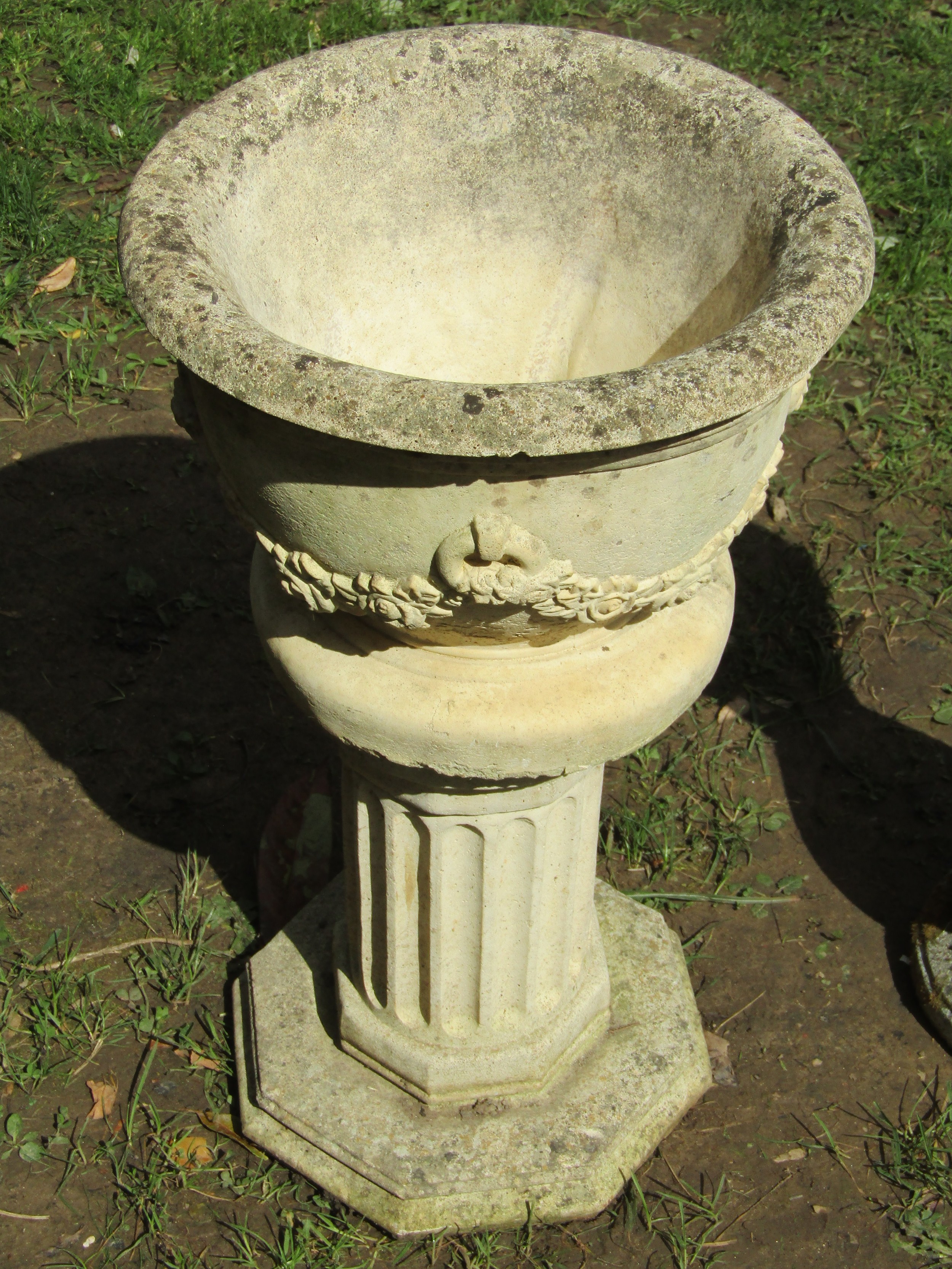 A small weathered cast composition stone garden urn, the circular bowl with flared rim and repeating - Image 2 of 5