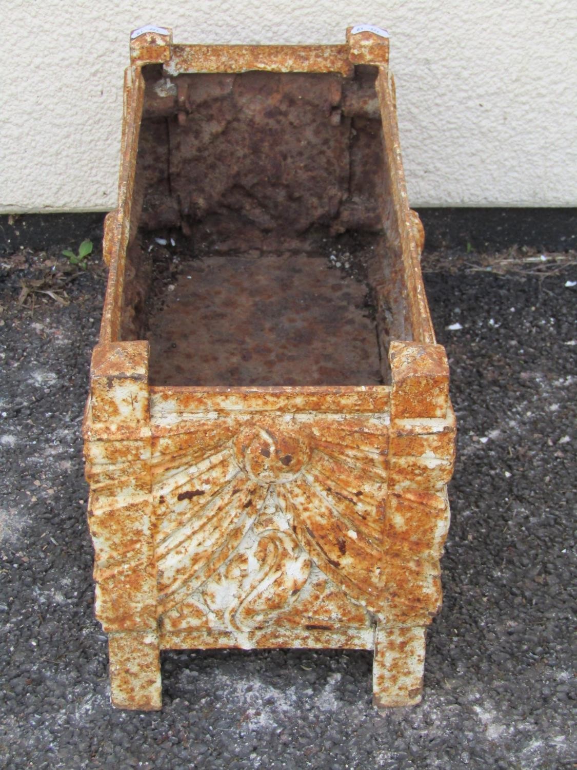 A small decorative rectangular weathered cast iron trough with classical swag detail, 22 cm high x - Image 2 of 3
