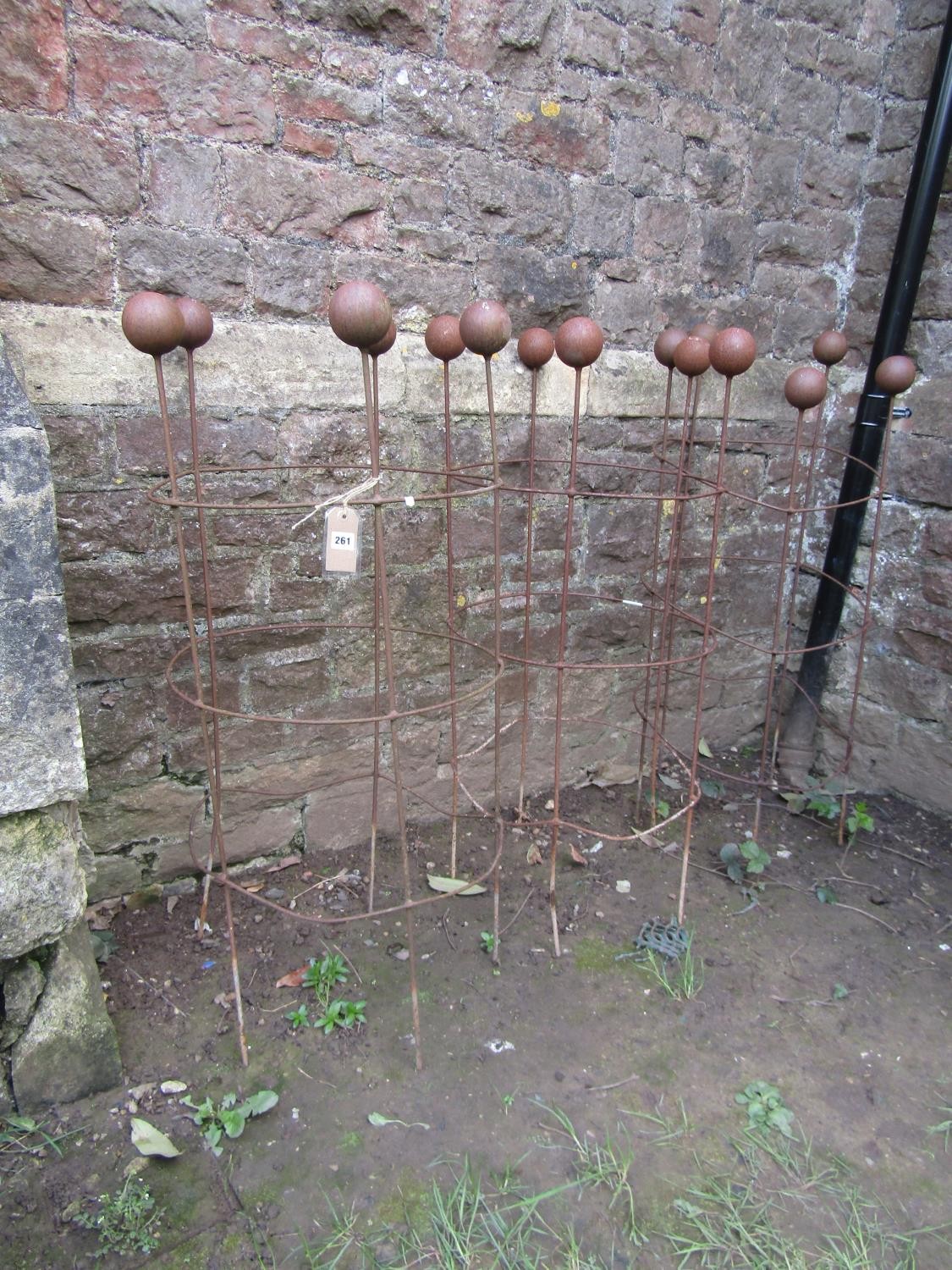 Three weathered light steel garden obelisks of cylindrical open ring form with ball finials, 120 - Image 2 of 3