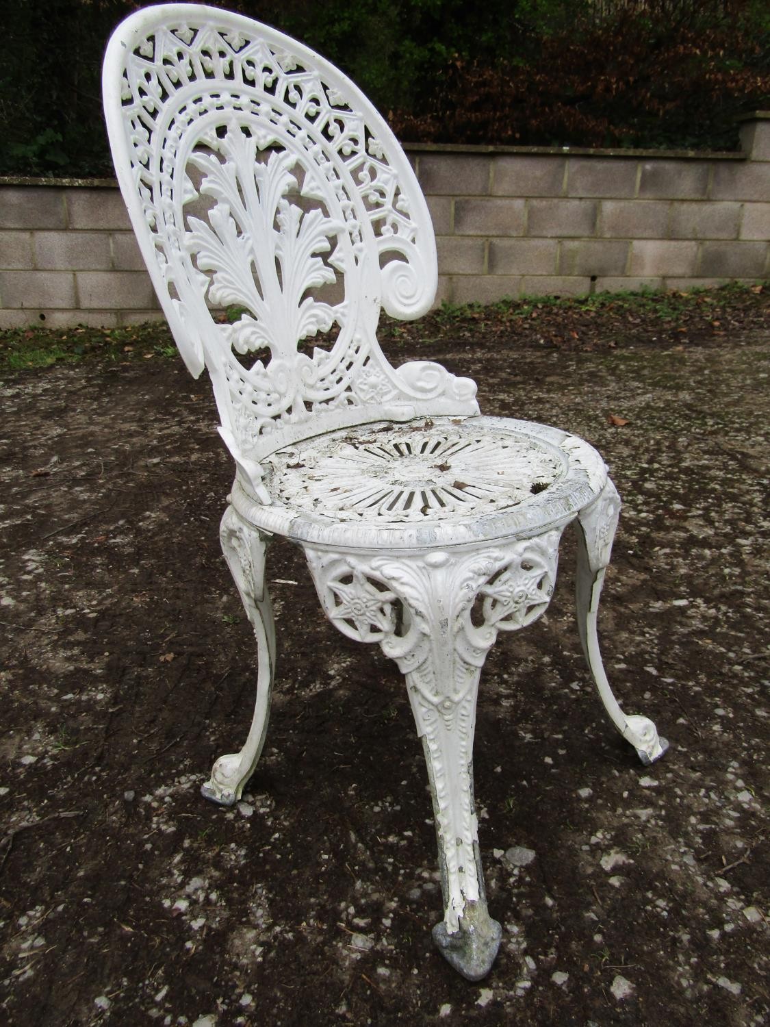 A weathered cream painted cast aluminium garden terrace table with decorative pierced circular top - Image 2 of 4