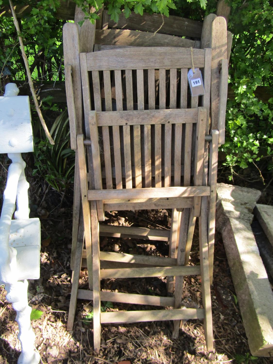 A set of four weathered teak folding garden armchairs with slender slatted seats and backs (af) - Image 2 of 2