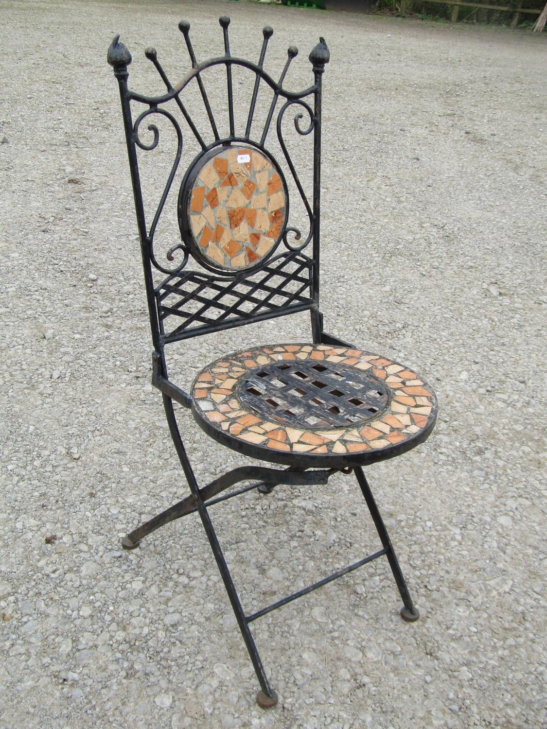 A heavy gauge three piece iron work Bistro table and two chairs with mosaic panels, lattice and - Image 2 of 5
