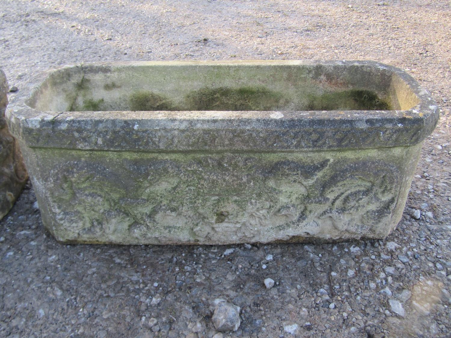 A pair of weathered rectangular cast composition stone flower troughs with canted corners, lions - Image 4 of 9