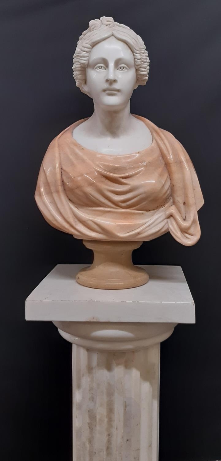 A carved marble bust of a Victorian maiden, her hair in ringlets, principally in Carrara marble, - Image 2 of 10