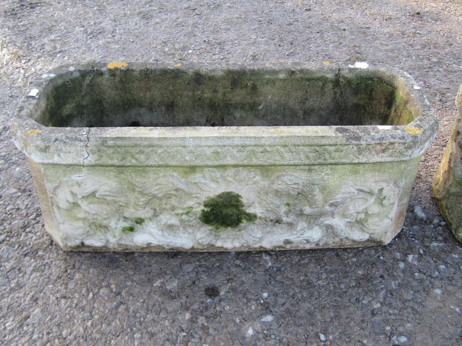 A pair of weathered rectangular cast composition stone flower troughs with canted corners, lions - Image 2 of 9