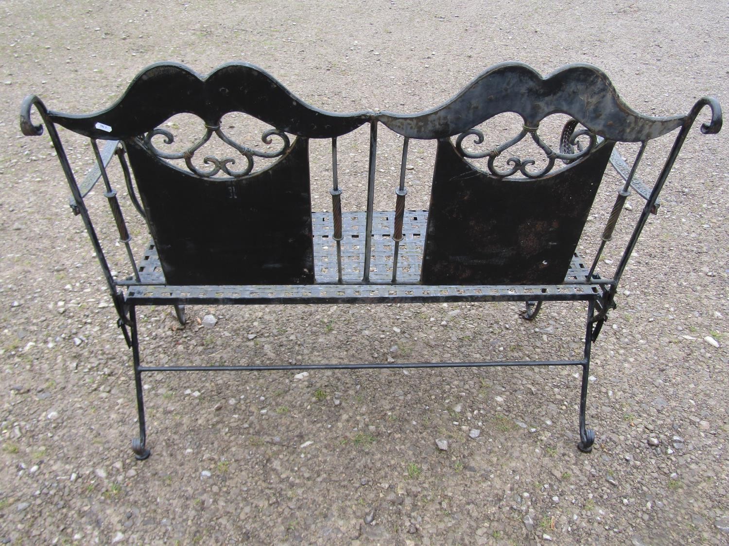 A decorative painted iron work folding two seat garden bench with lattice patterned seat, open - Image 3 of 5