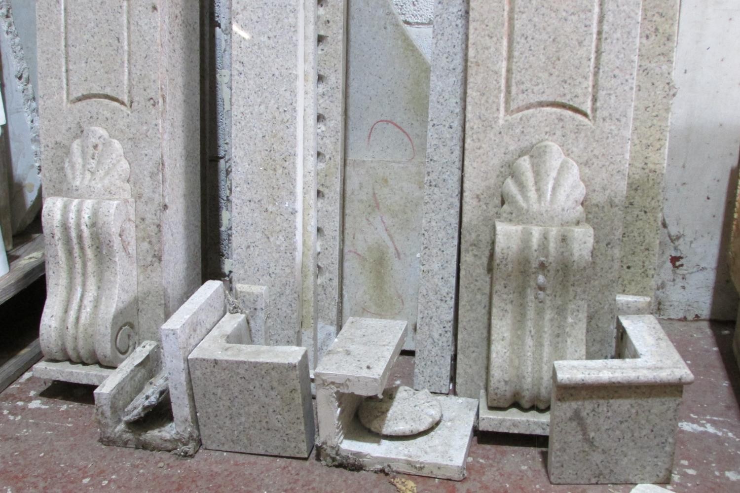 A polished grey / pale pink sectional granite fireplace, with scrolled mounts and incised detail - Image 2 of 3