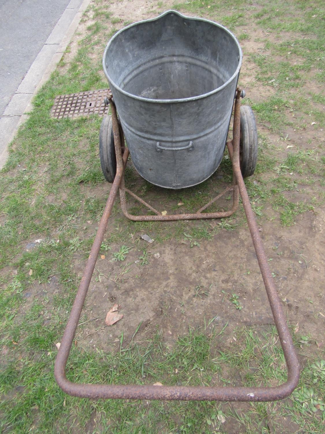A vintage two wheeled water barrow, the iron frame supporting a cylindrical galvanised vessel - Image 2 of 5