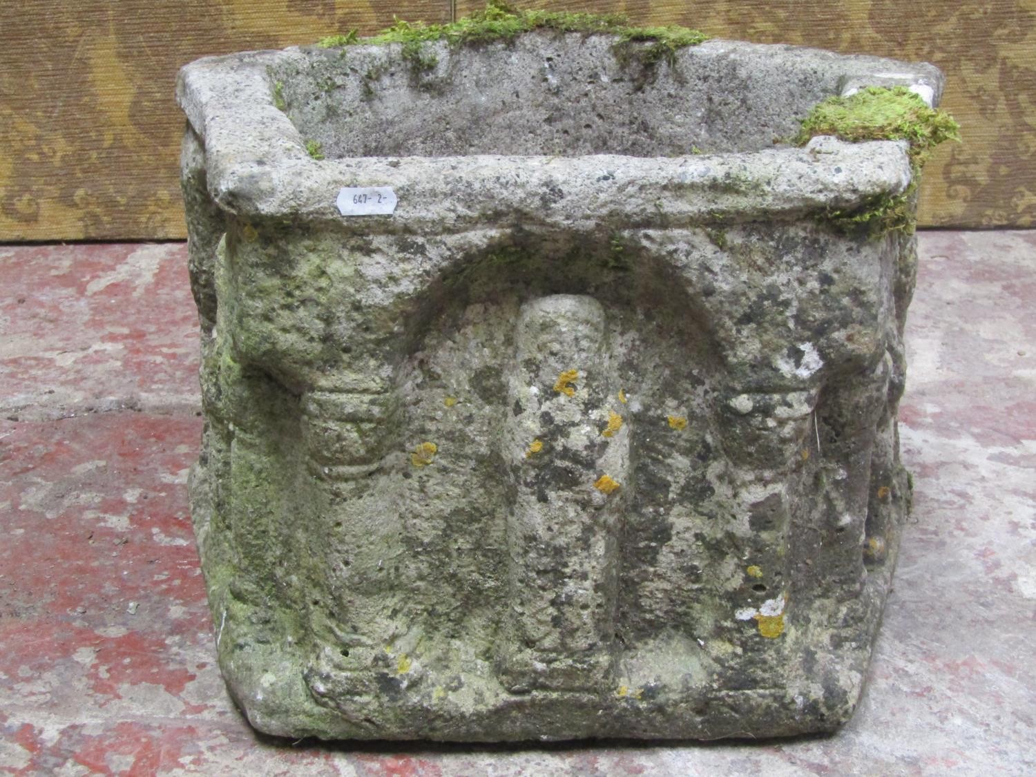 Two medieval style weathered cast composition stone garden planters with relief detail, one of - Image 8 of 10