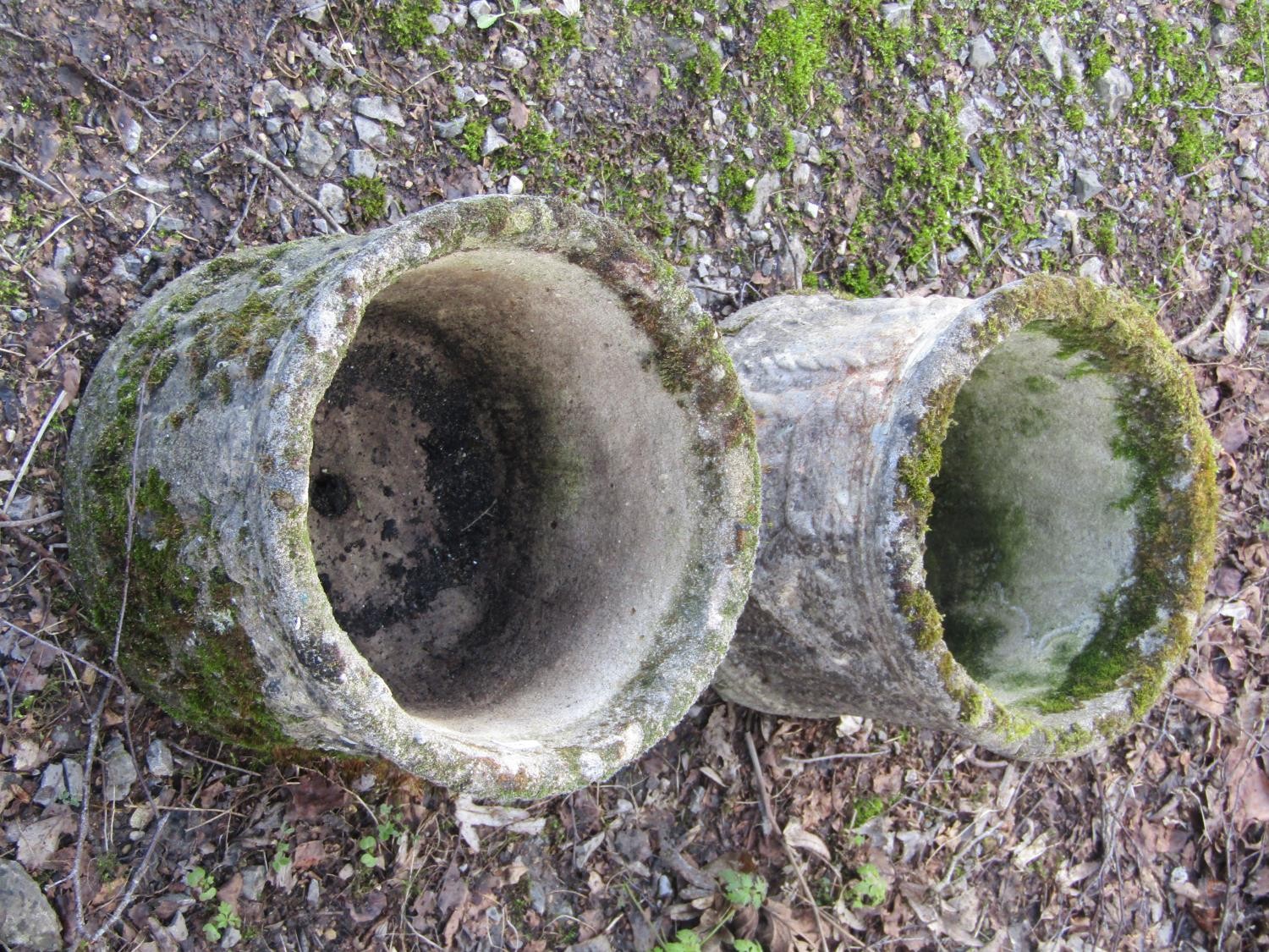 A pair of weathered cast composition stone squat cylindrical planters with repeating classical - Image 4 of 5