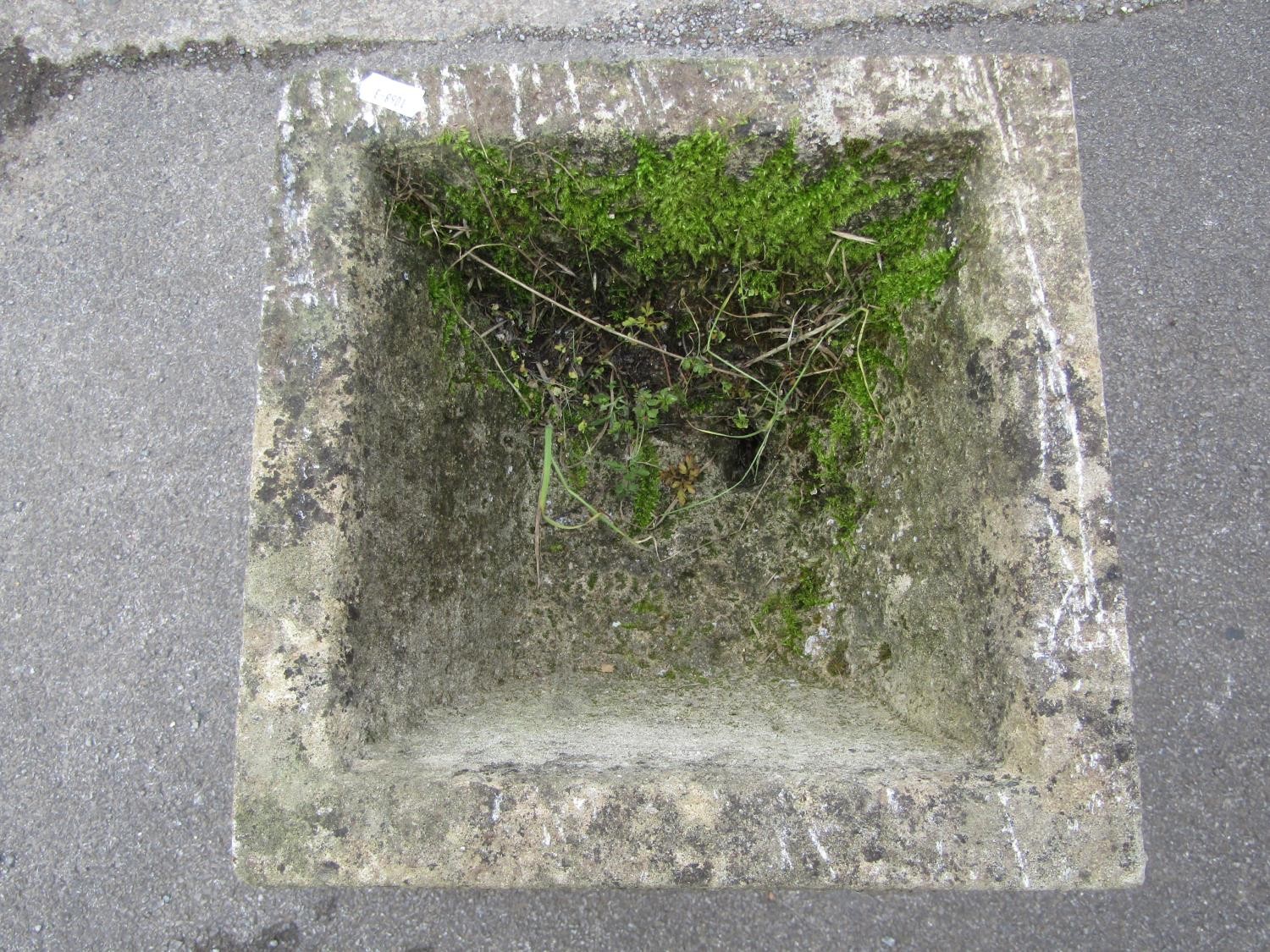 A weathered cast composition stone garden planter of square tapered and rounded form with floral - Image 3 of 4