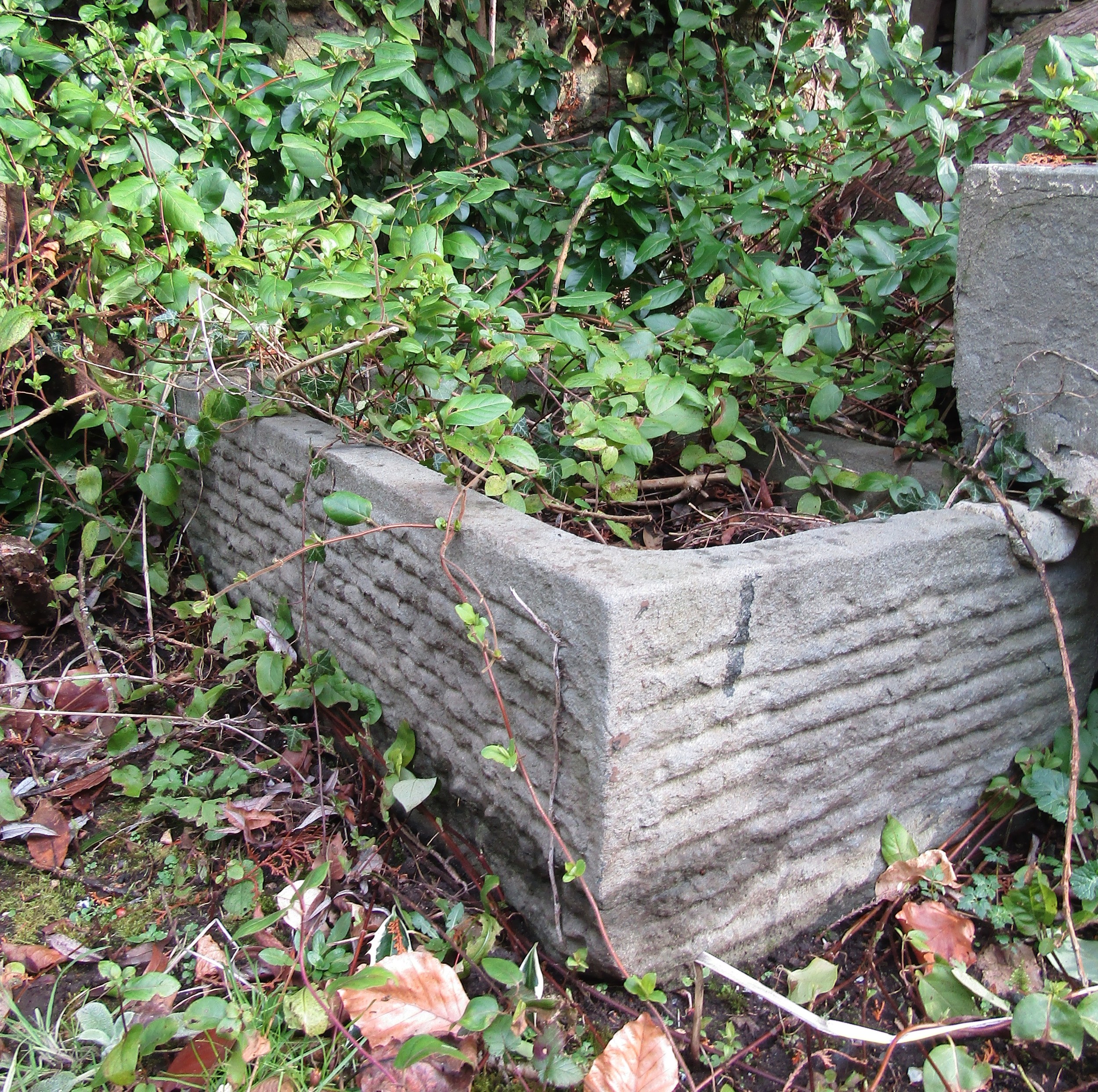 A local stone trough with carved detail, 90 cm x 45 cm x 25 cm high (af)