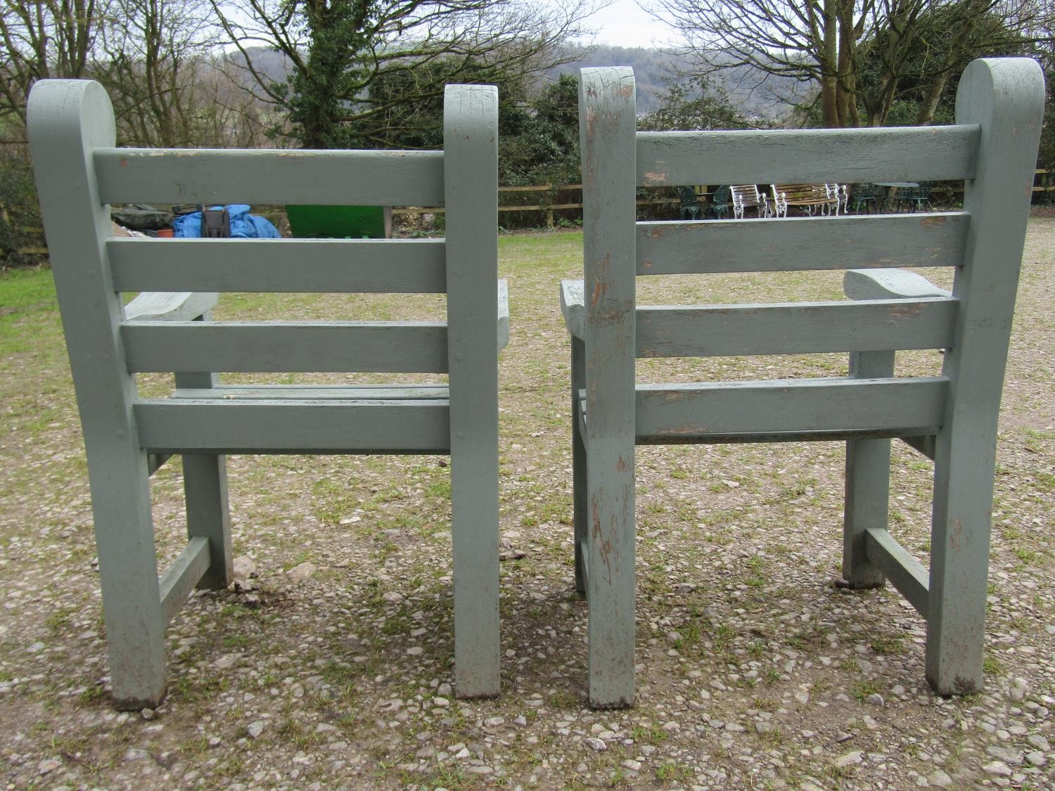 A pair of Woodfern heavy gauge painted and weathered teak garden open armchairs with slatted seats - Image 7 of 8