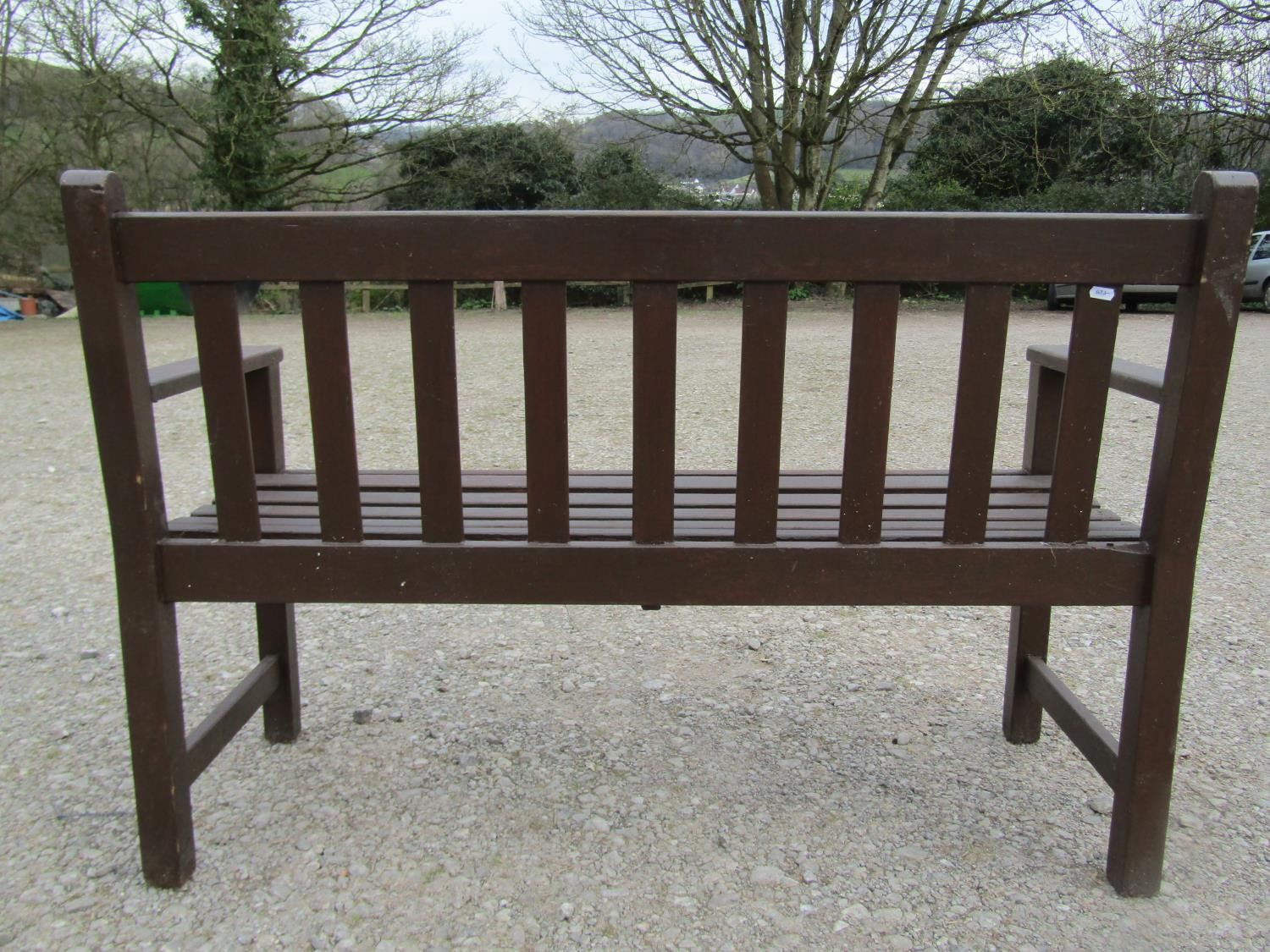 A Wrinch vintage stained teakwood two seat garden bench with slatted seat and back, 127 cm wide - Image 3 of 4