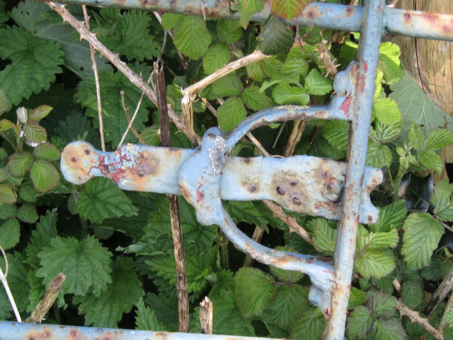 An old painted and weathered heavy iron gate, with horizontal open bars and simple scroll detail ( - Image 4 of 4