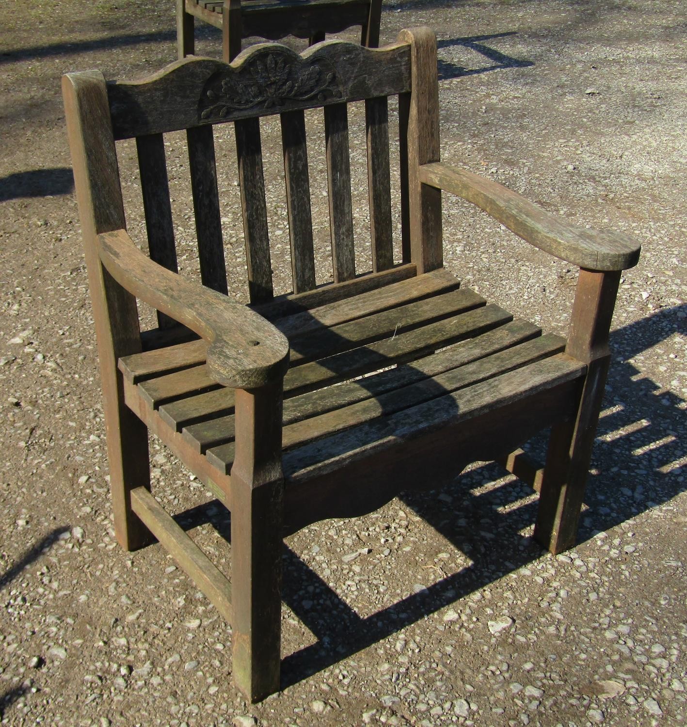A Bridgman & Co Ltd stained and weathered teak three seat garden bench 161 cm wide and a pair of - Image 5 of 11