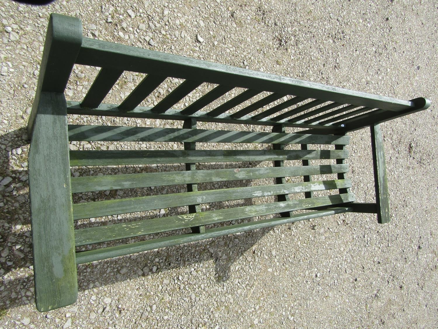 A vintage green painted teak three seat garden bench with slatted seat and back (probably a Lister - Image 5 of 5