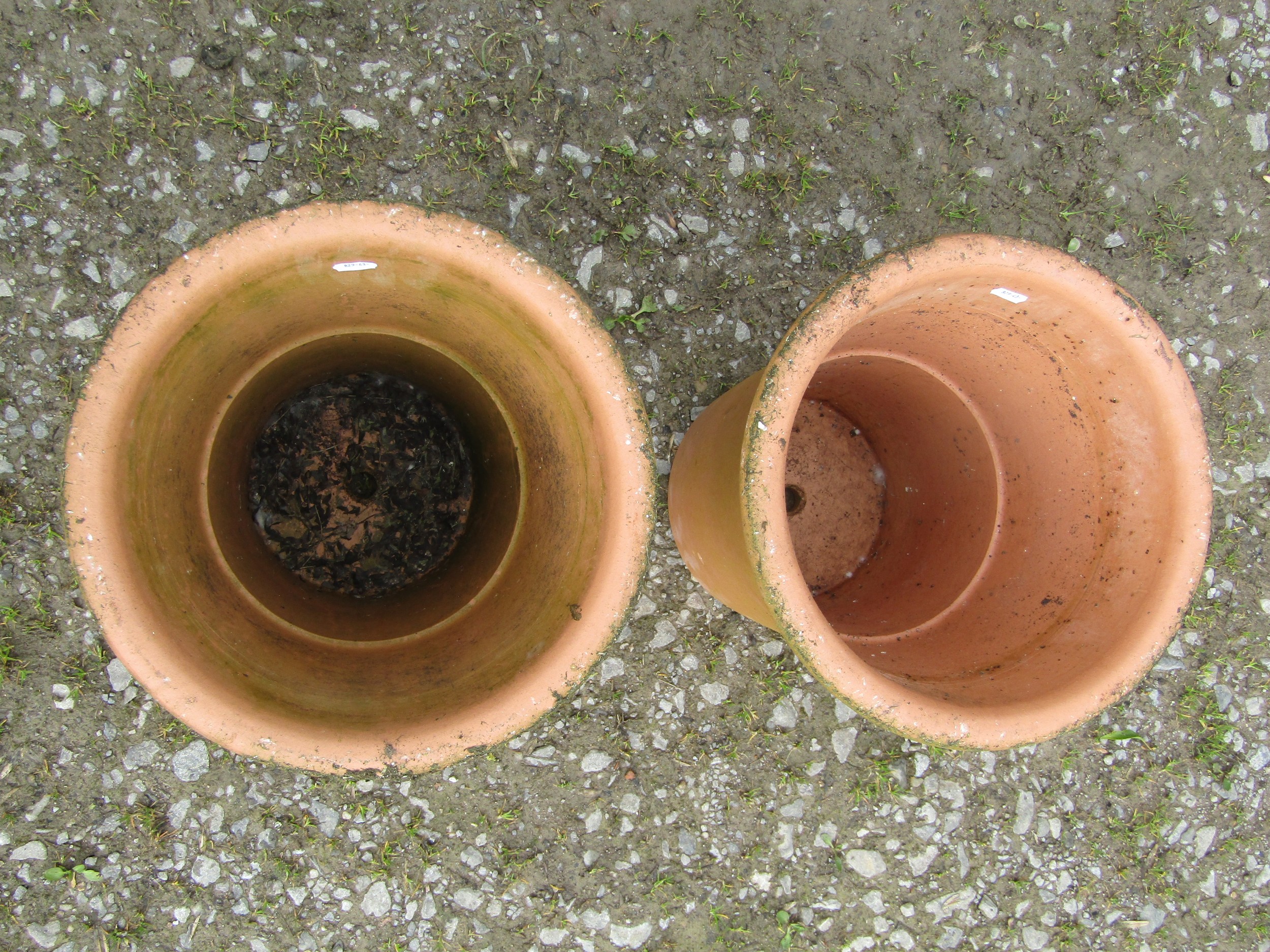 A pair of tall terracotta flower pots with moulded rims and incised Yorkshire flower pots, 38 cm - Image 2 of 3