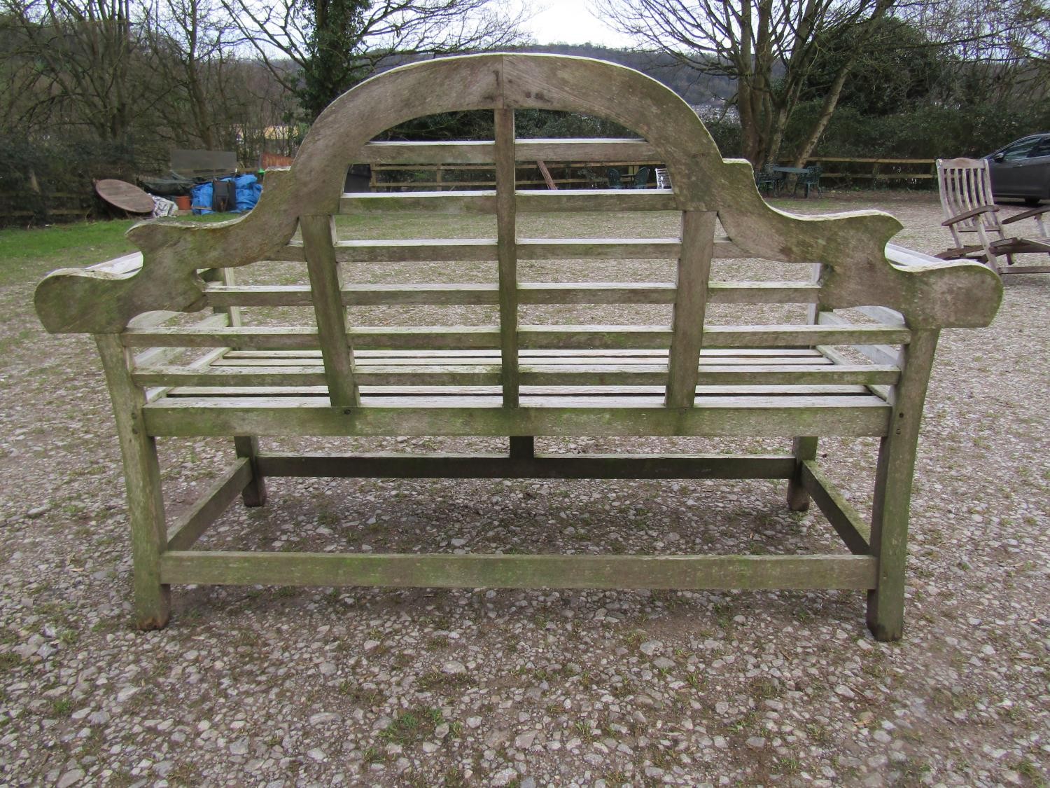 A weathered teakwood Lutyens style three seat garden bench, 167cm wide - Image 3 of 3