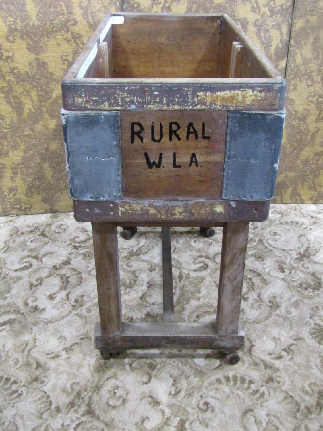 A vintage GPO (General Post Office) industrial sorting hopper, in banded pine on a wheeled trestle - Image 2 of 6