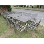 Two good quality contemporary garden tables with square mesh panelled tops, together with a set of