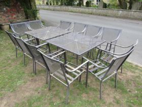 Two good quality contemporary garden tables with square mesh panelled tops, together with a set of