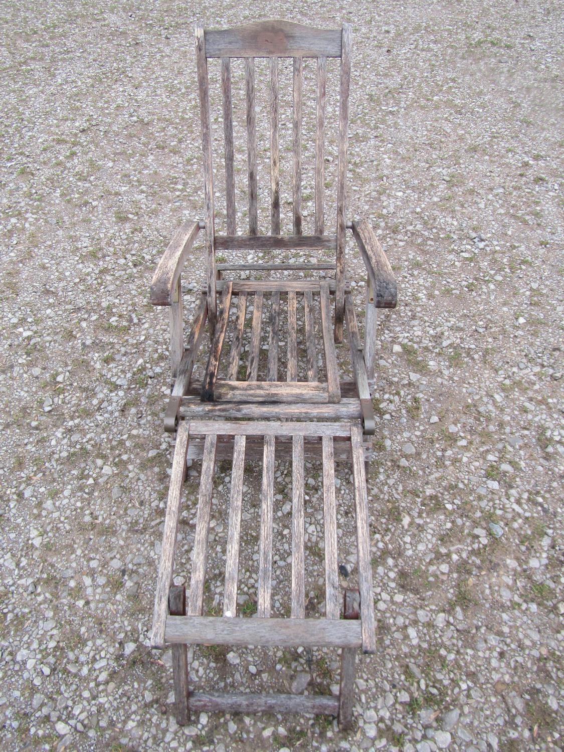 Two weathered teak folding steamer type chairs with slatted seats, backs and foot rests, with - Image 5 of 6