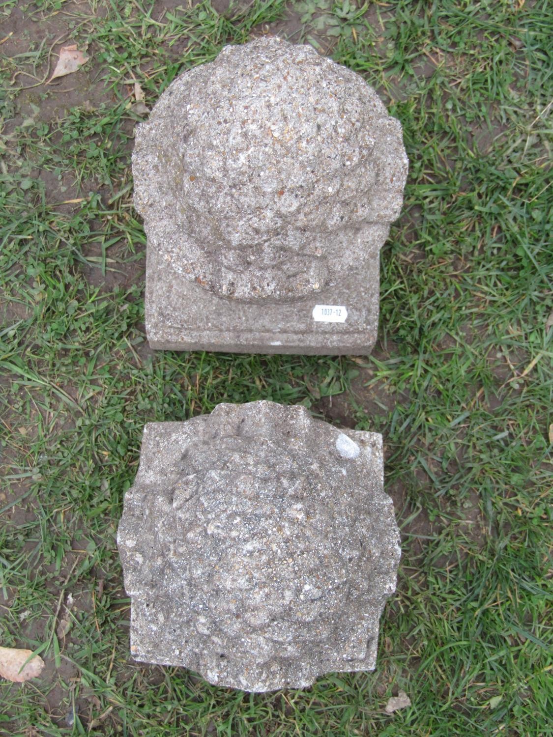 A pair of small weathered cast composition stone pier caps with pineapple finials, 32cm high x - Image 5 of 5