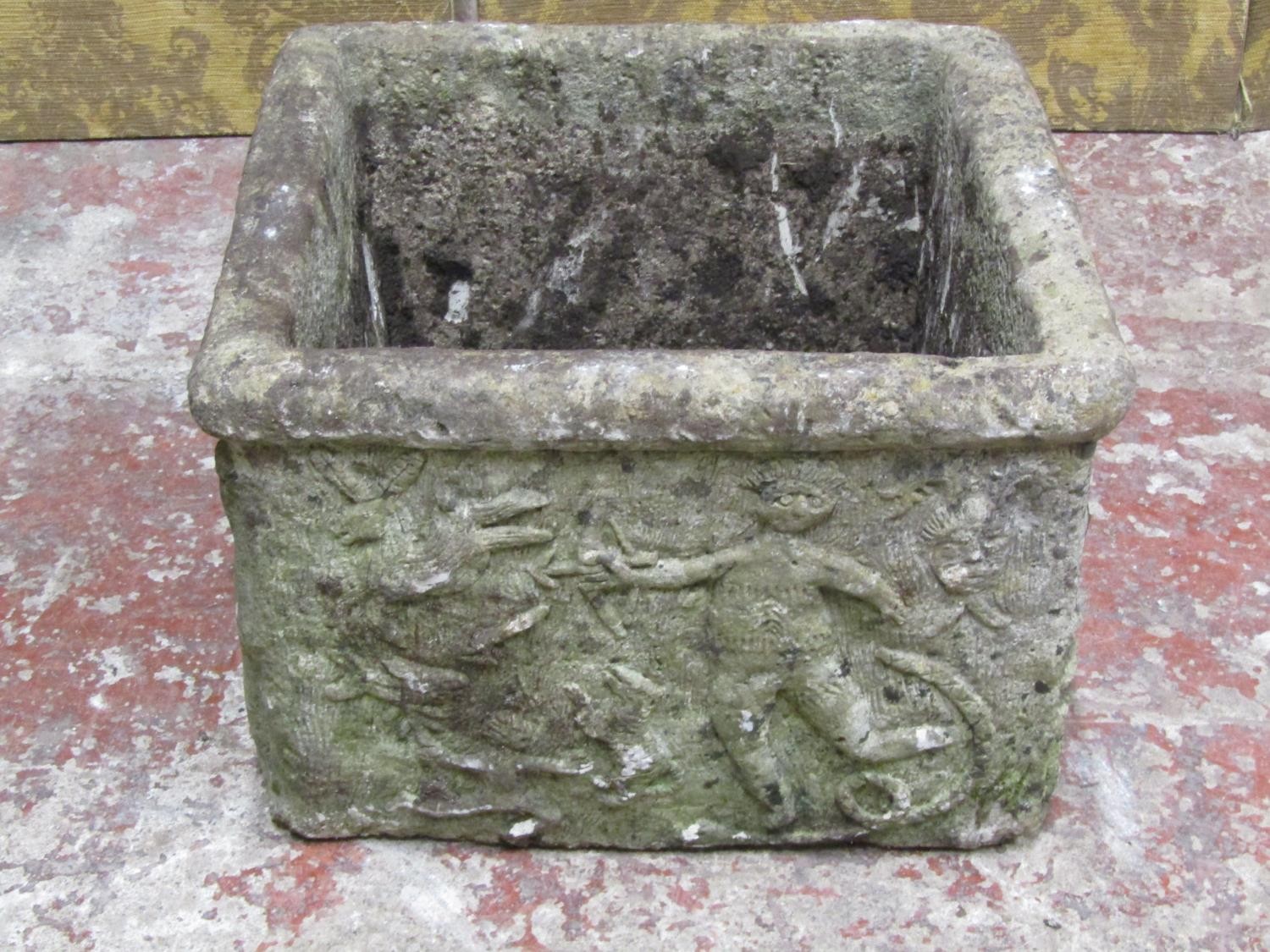 Two medieval style weathered cast composition stone garden planters with relief detail, one of - Image 2 of 10