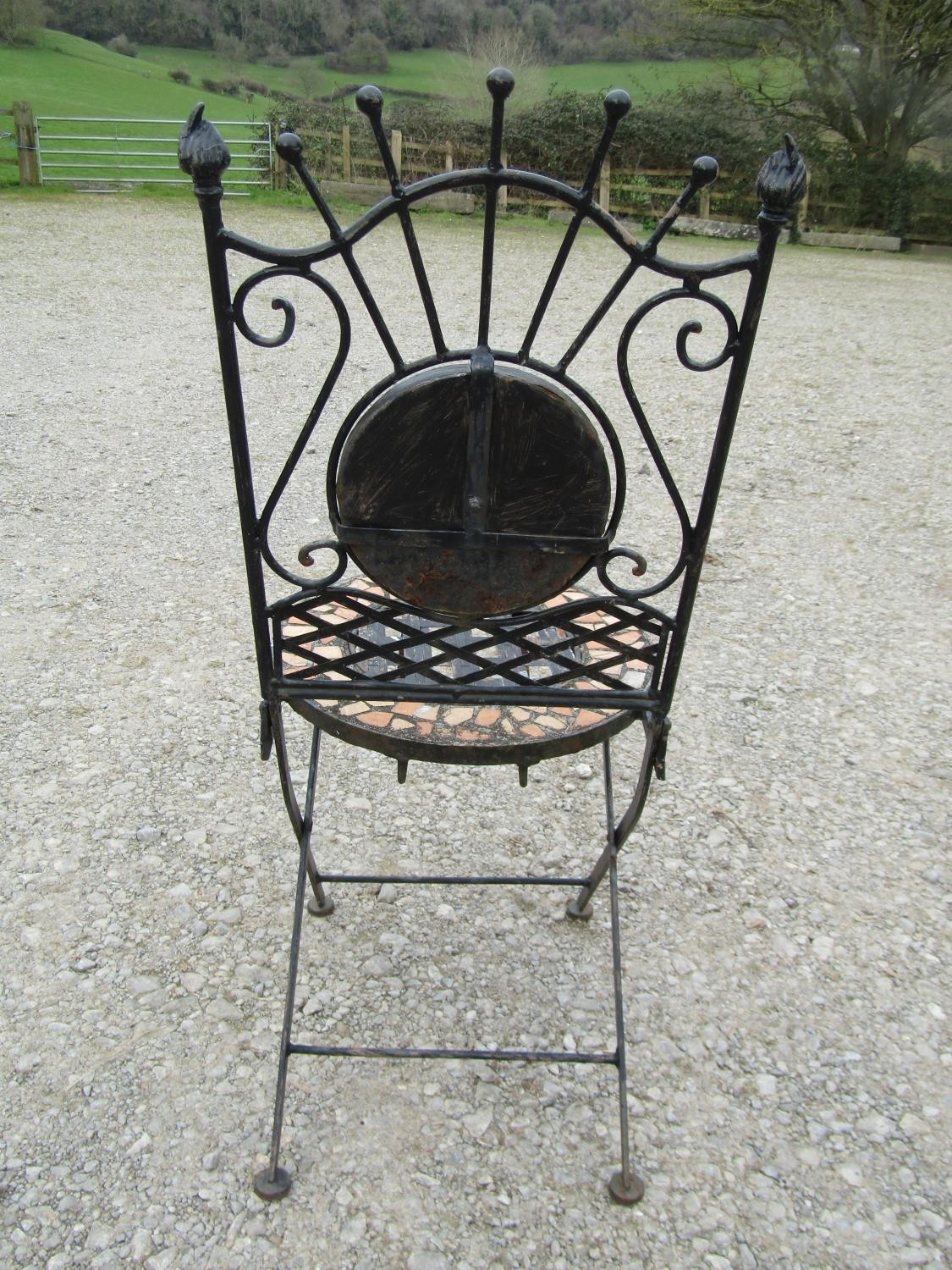 A heavy gauge three piece iron work Bistro table and two chairs with mosaic panels, lattice and - Image 3 of 5