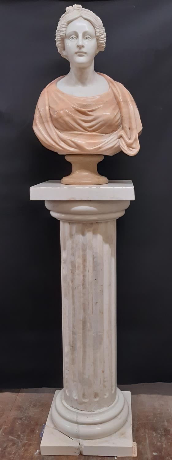 A carved marble bust of a Victorian maiden, her hair in ringlets, principally in Carrara marble,