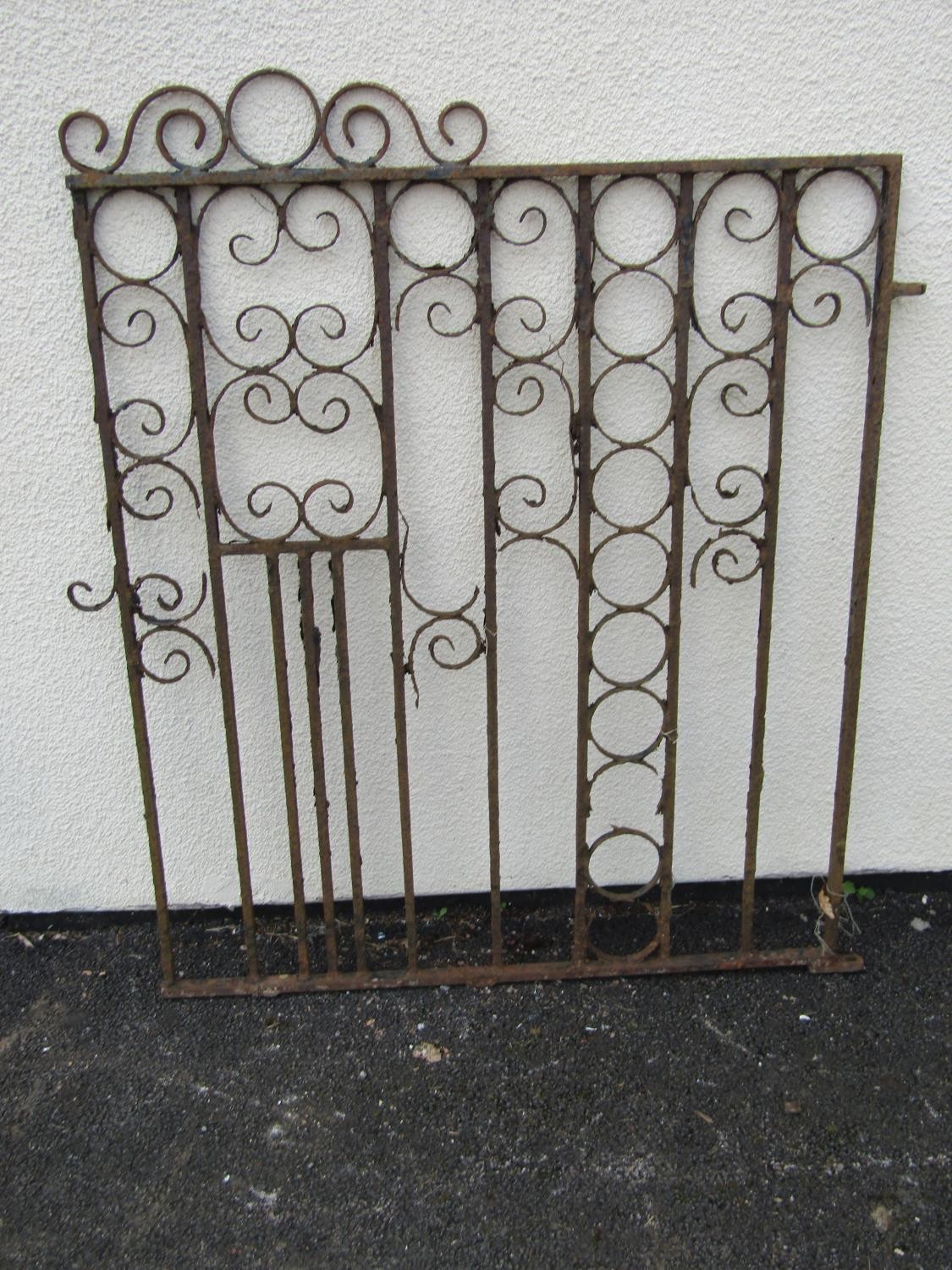 An old weathered ironwork garden gate with scrolling detail, 104cm high, 96cm wide - Image 2 of 2