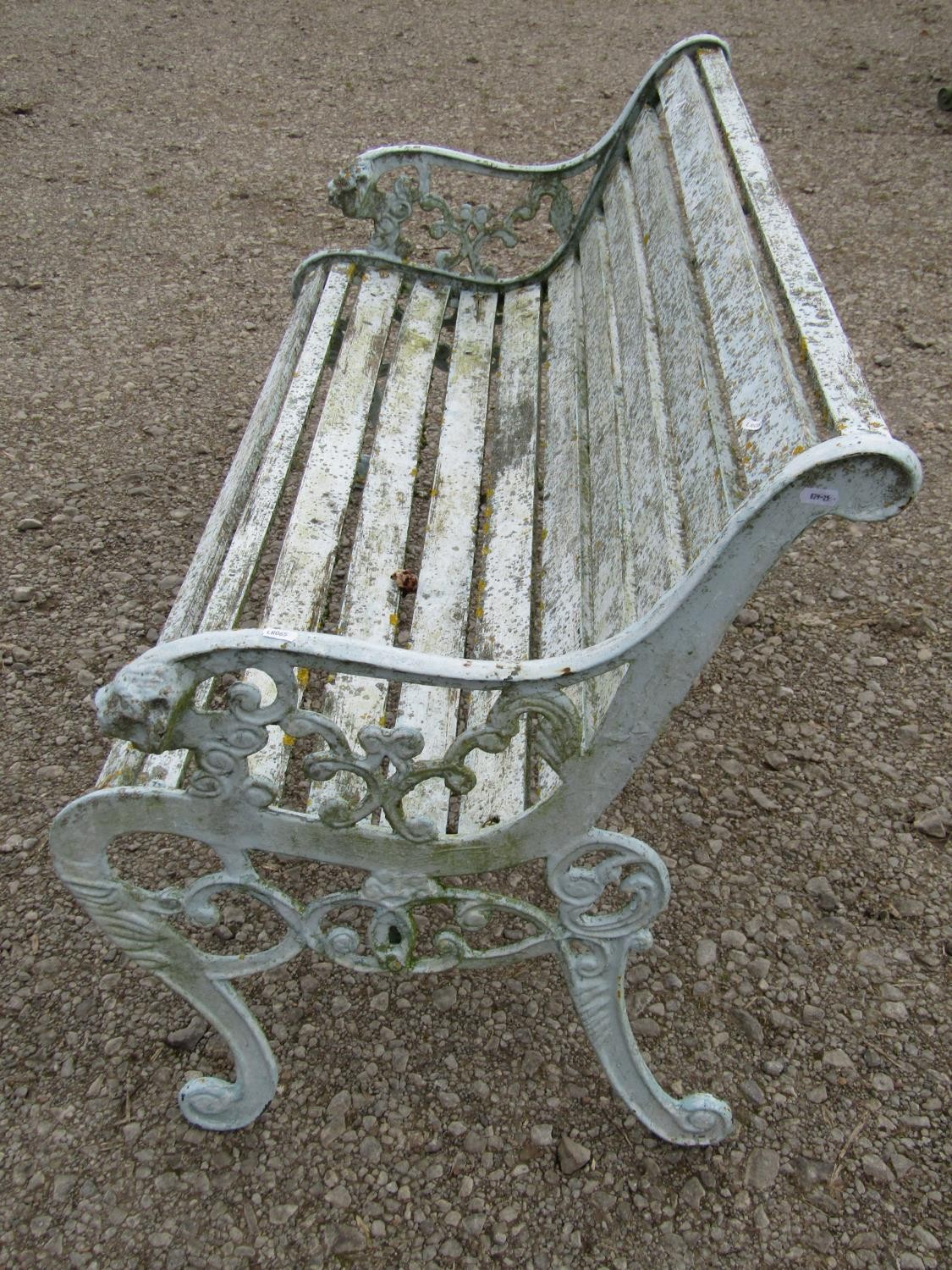 A weathered light blue/cream painted garden bench with slatted seat raised on decorative pierced and - Image 3 of 6