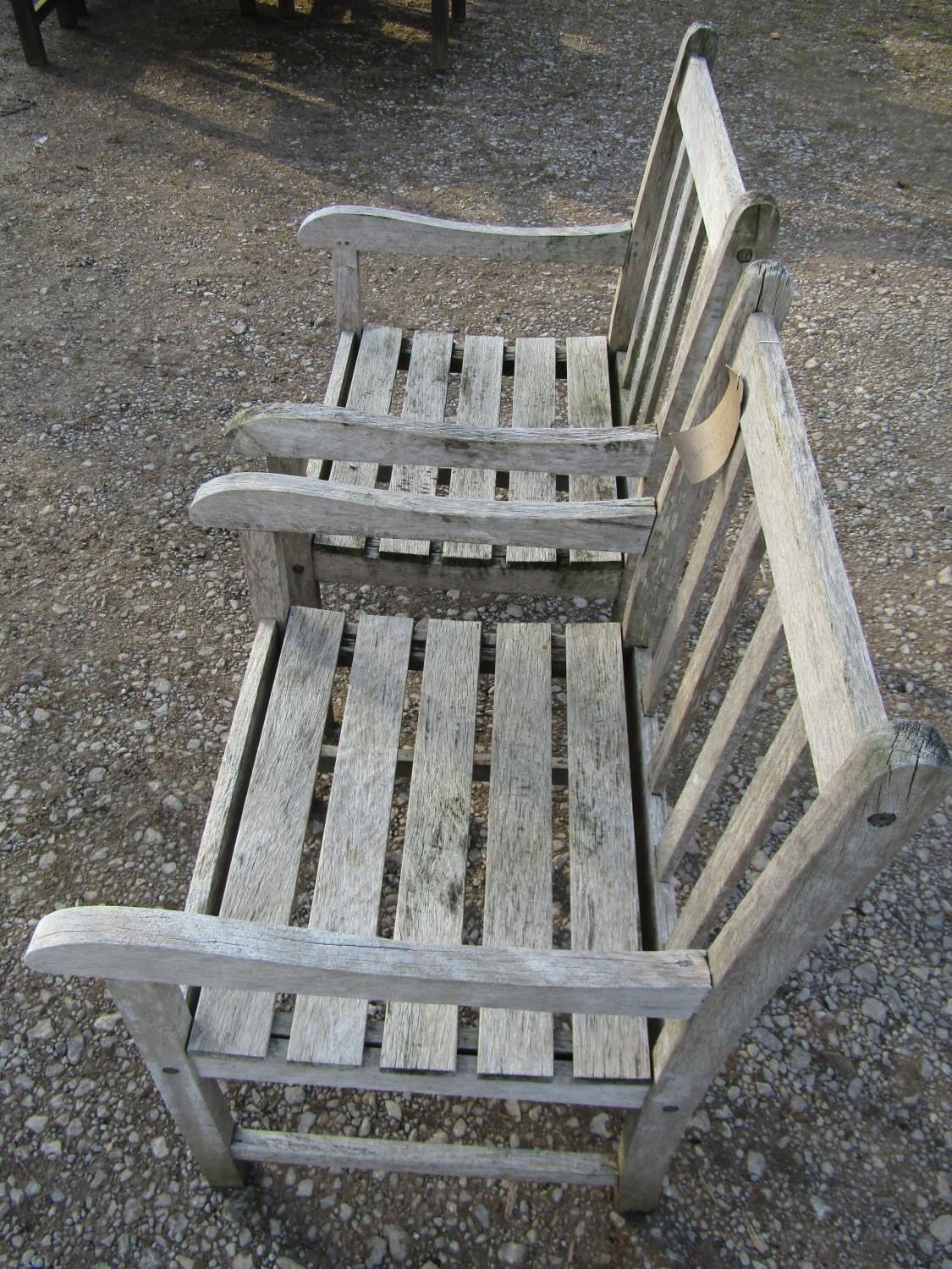 A pair of Firman weathered (silvered) teak garden open armchairs with slatted seats and backs ( - Image 2 of 5