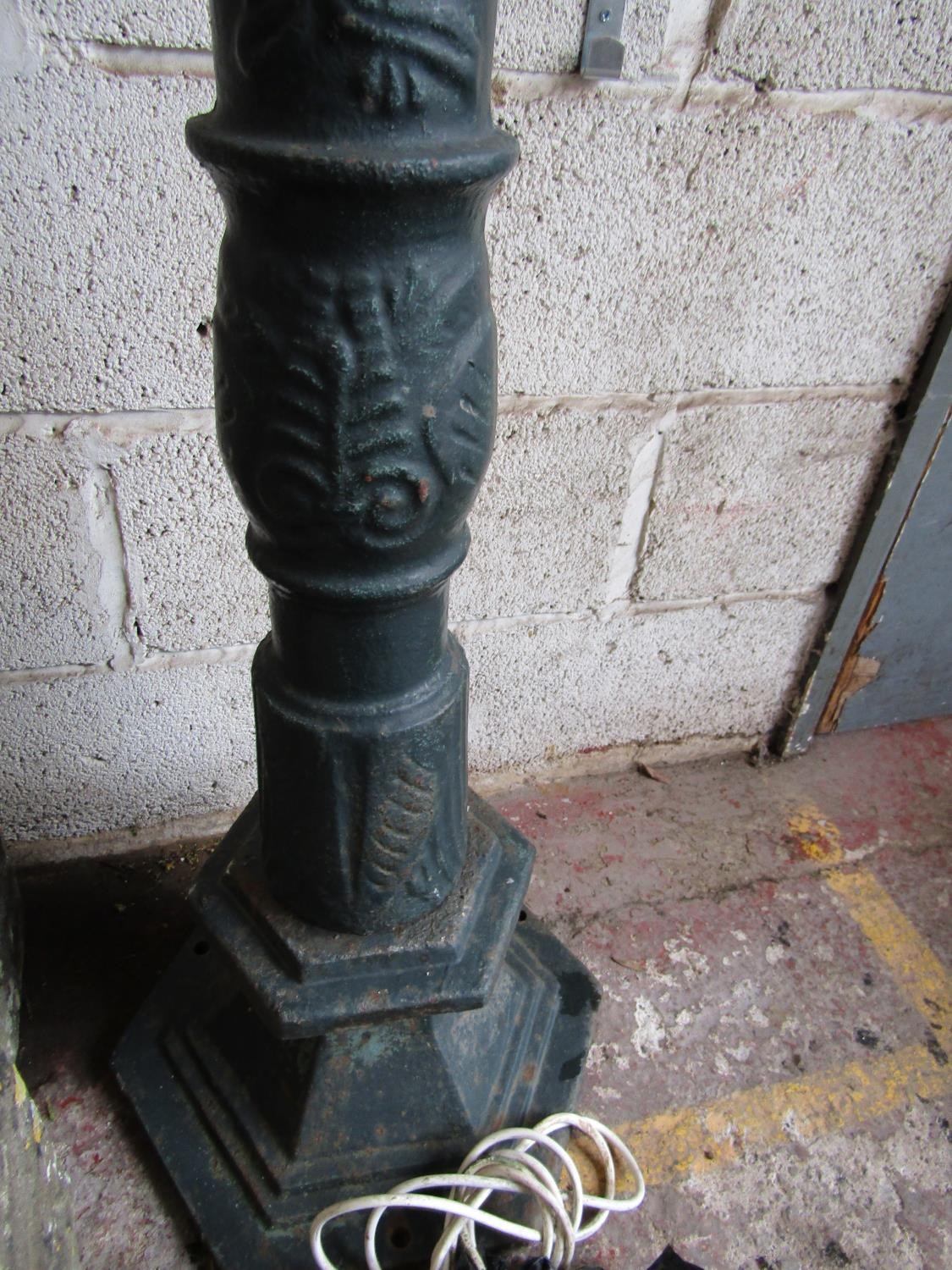 A Victorian style cast iron lamp post with hexagonal tapered hood raised on a partially fluted - Image 2 of 5